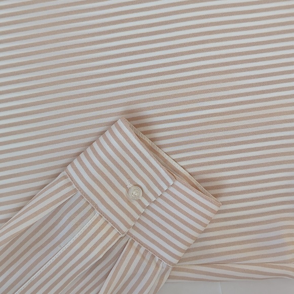 Calvin Klein Striped Button Tab Button Up Semi-Sheer Blouse MEDIUM White Tan - Picture 12 of 15